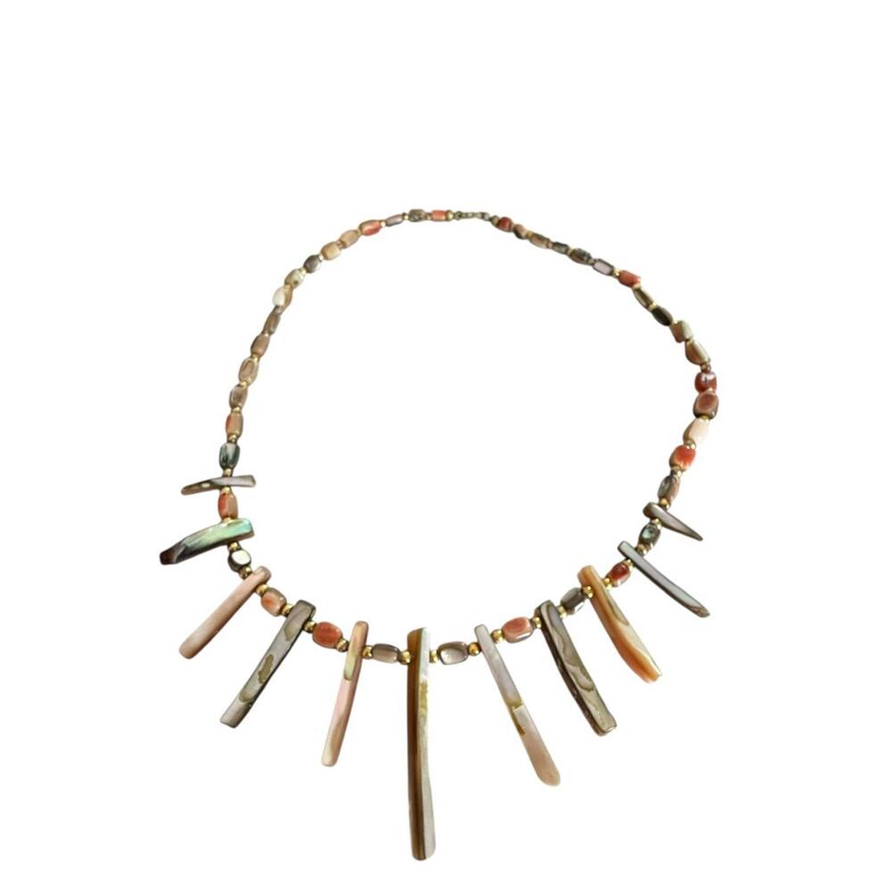 Shell Necklace Fall Shades Abalone Bohemian Spike Handmade bib Necklace - Picture 6 of 7